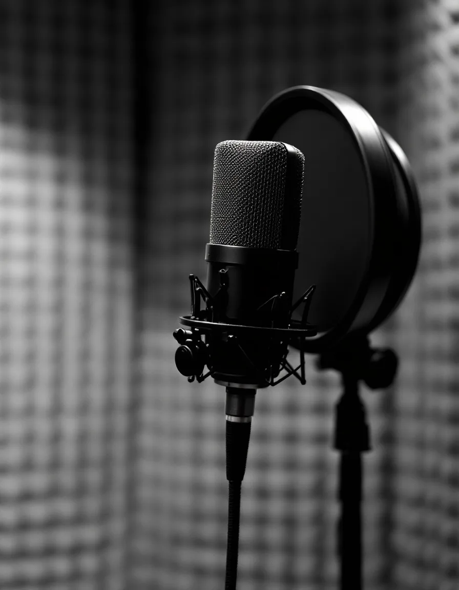 A studio microphone in Narrasonic's recording booth