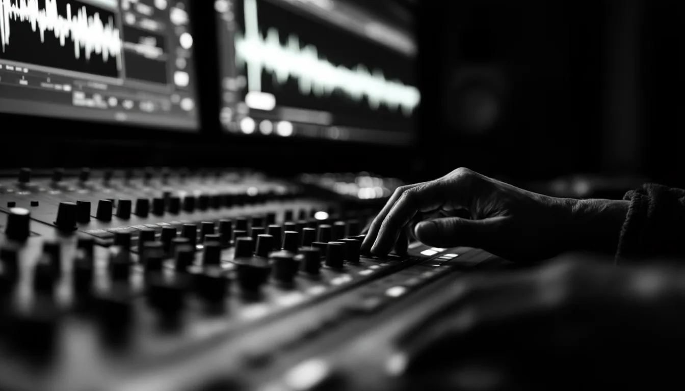 An engineer at the mixing console inside the Narrasonic studio